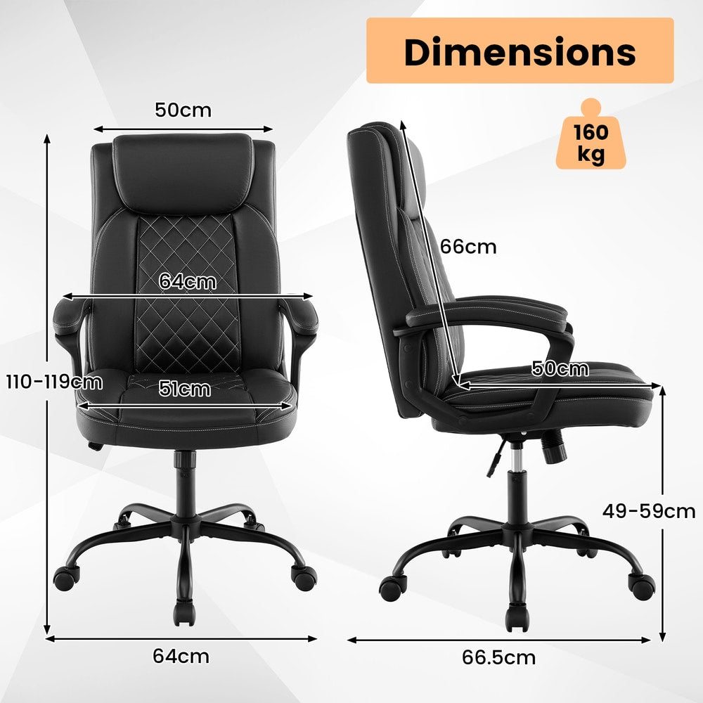 The office chair with lines and arrows indicating its various dimensions