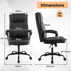 The office chair with lines and arrows indicating its various dimensions