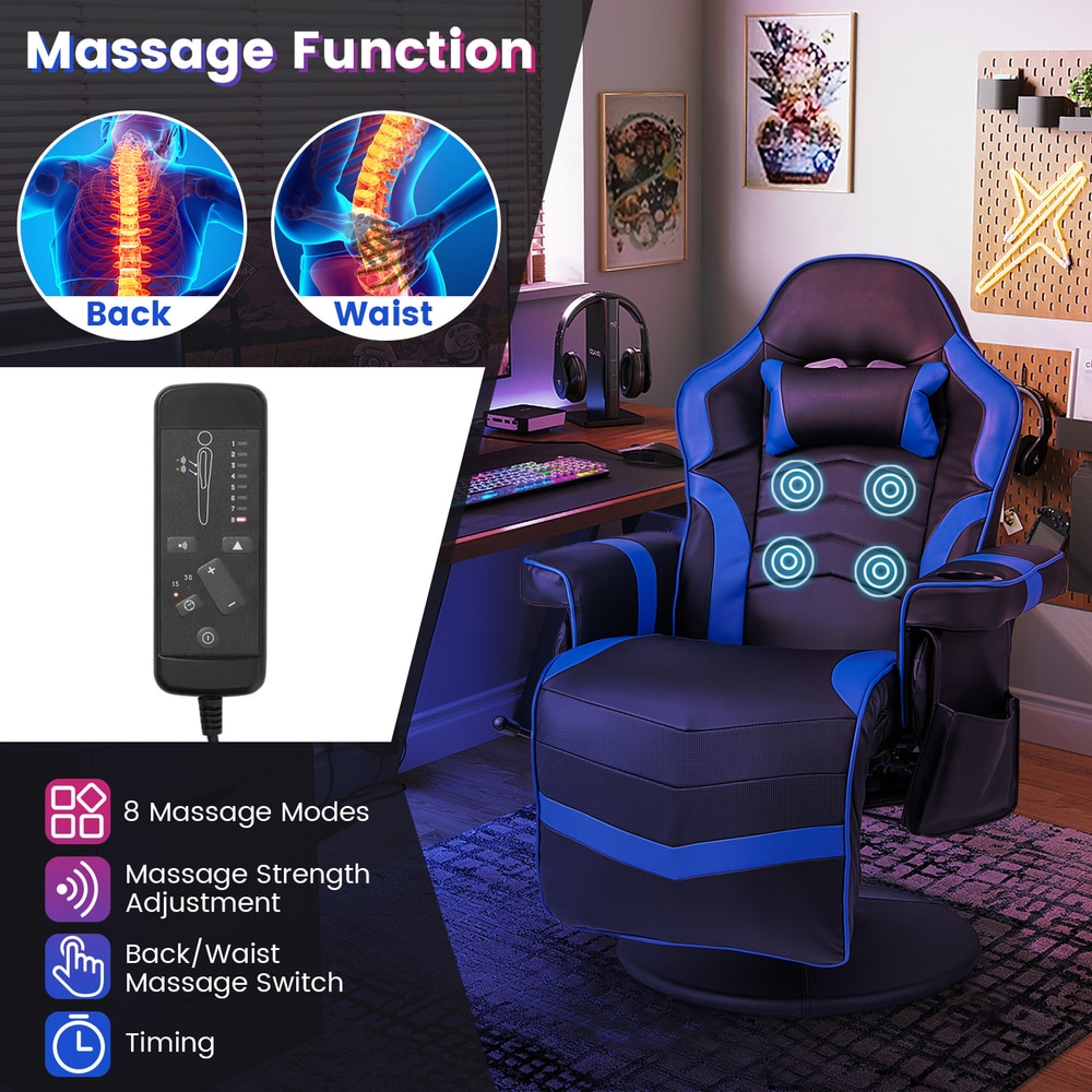 The gaming chair with diagrams showing the massage function for the back and waist