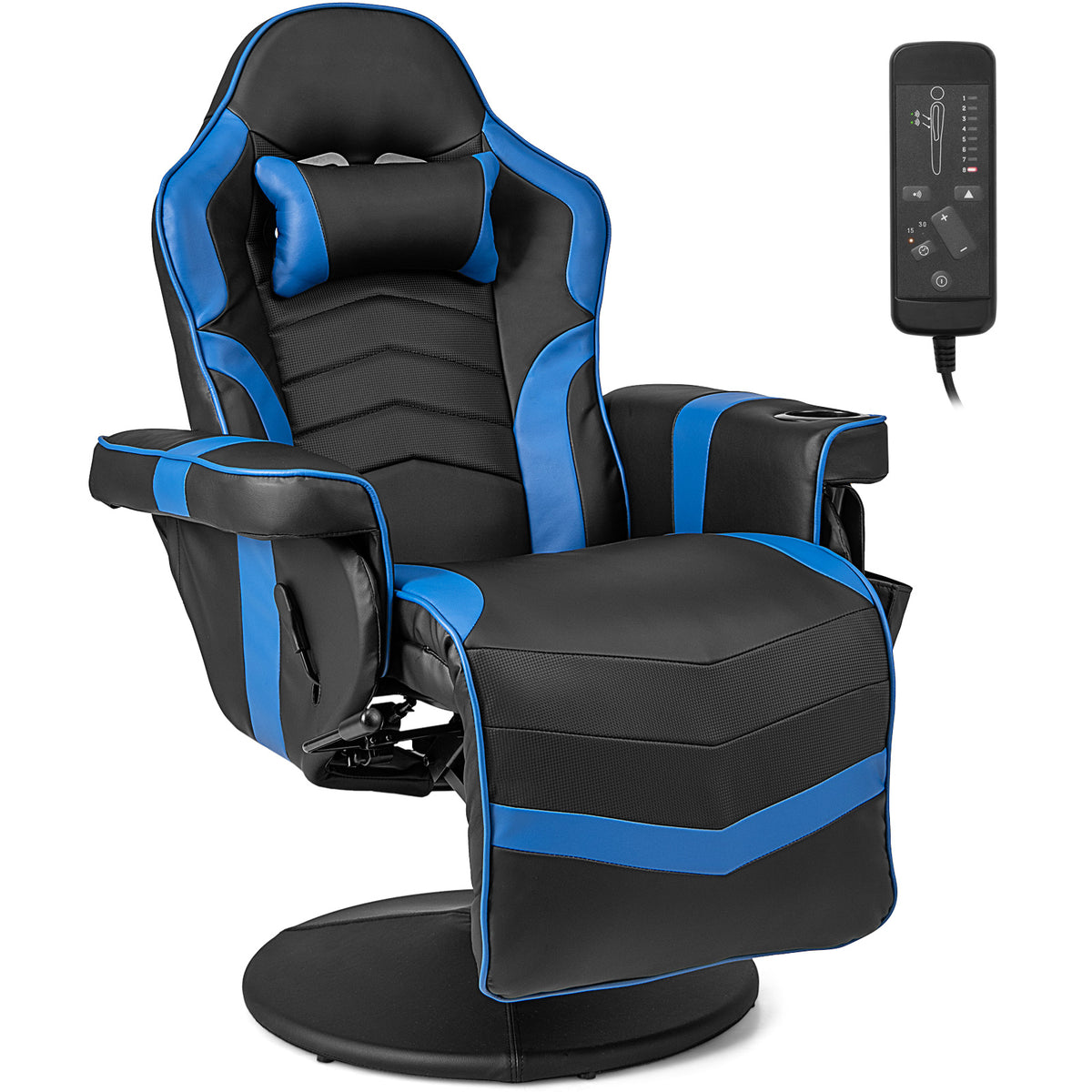 The gaming chair in blue and black with a remote control for the massage function