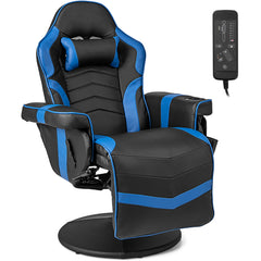 The gaming chair in blue and black with a remote control for the massage function