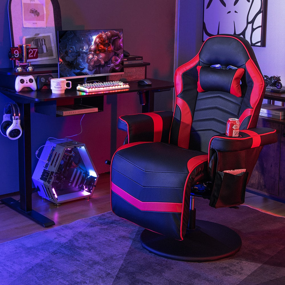 The gaming chair in a red and black colour scheme set up in a gaming room