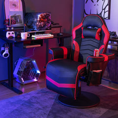The gaming chair in a red and black colour scheme set up in a gaming room