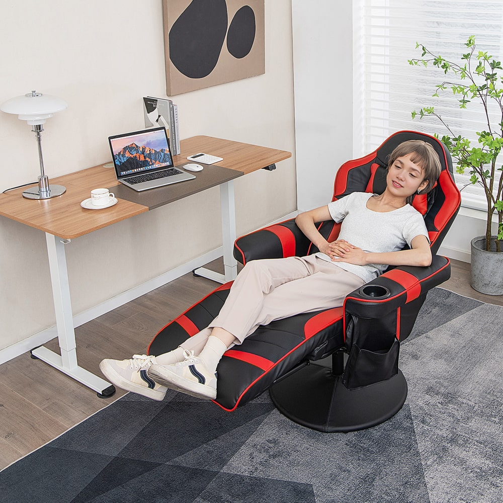The red and black gaming chair reclined with a woman sitting in it