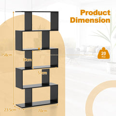 The geometric S-shaped bookcase shown with dimensions and weight information