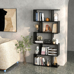The black S-shaped bookcase filled with books and decorative items in a home office setting