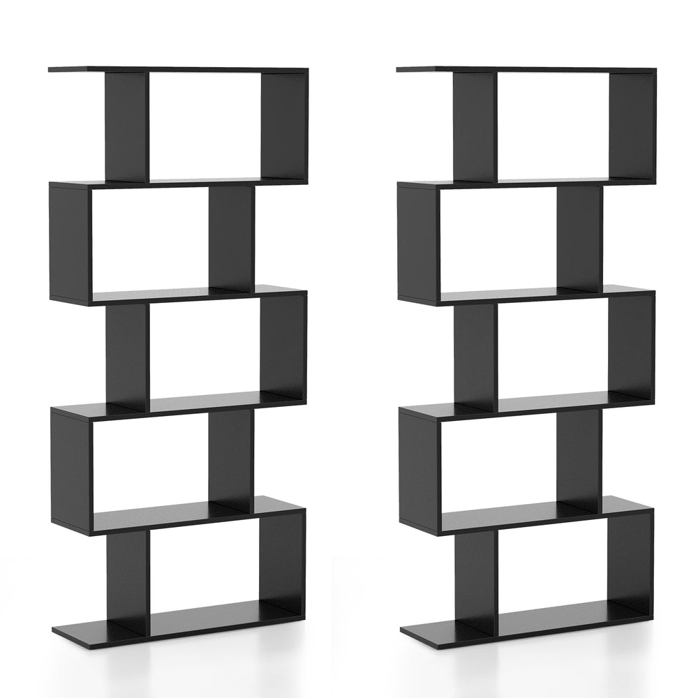 Two black geometric S-shaped bookcases standing side by side in a minimalist room