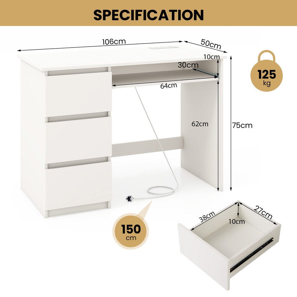 Specification diagram showing the dimensions of the white computer desk and one of its drawers