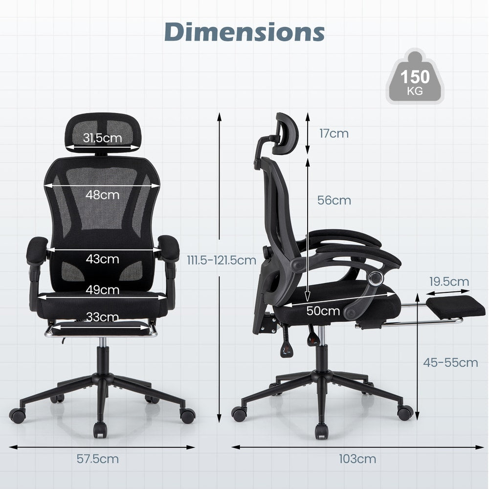 Dimensions diagram for the black mesh office chair