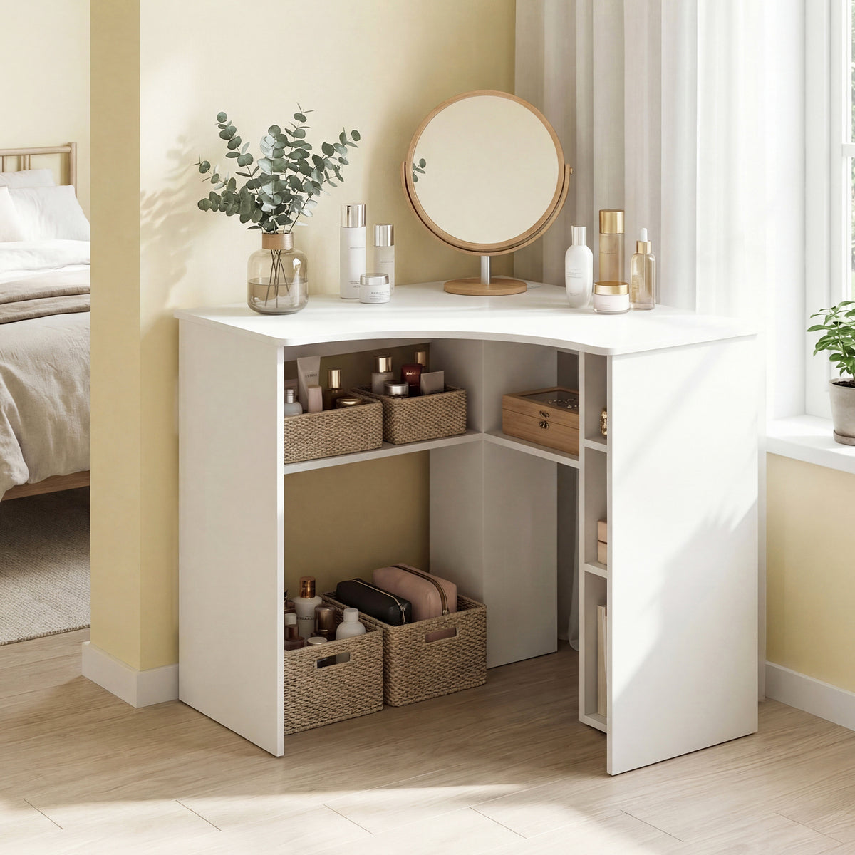 90-degree Triangle Computer Desk with Open Storage Shelves-White