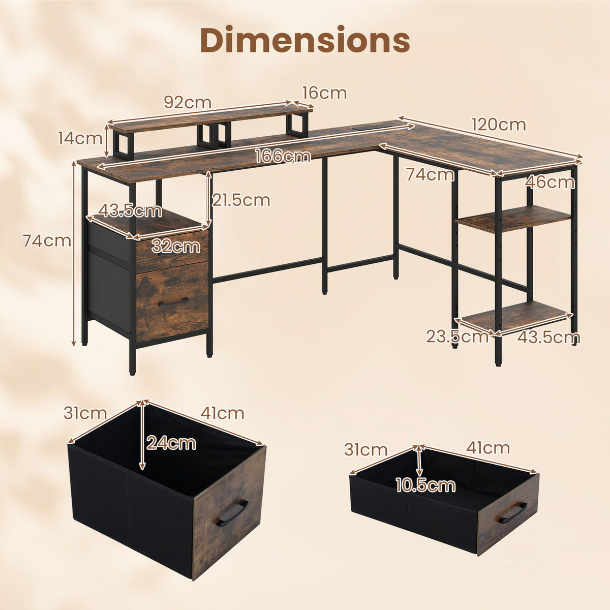 L-shaped Desk with Power Outlets Monitor Stand 2 Drawers and Adjustable Shelf-Rustic Brown