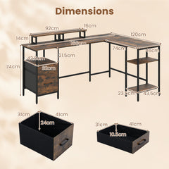 L-shaped Desk with Power Outlets Monitor Stand 2 Drawers and Adjustable Shelf-Rustic Brown