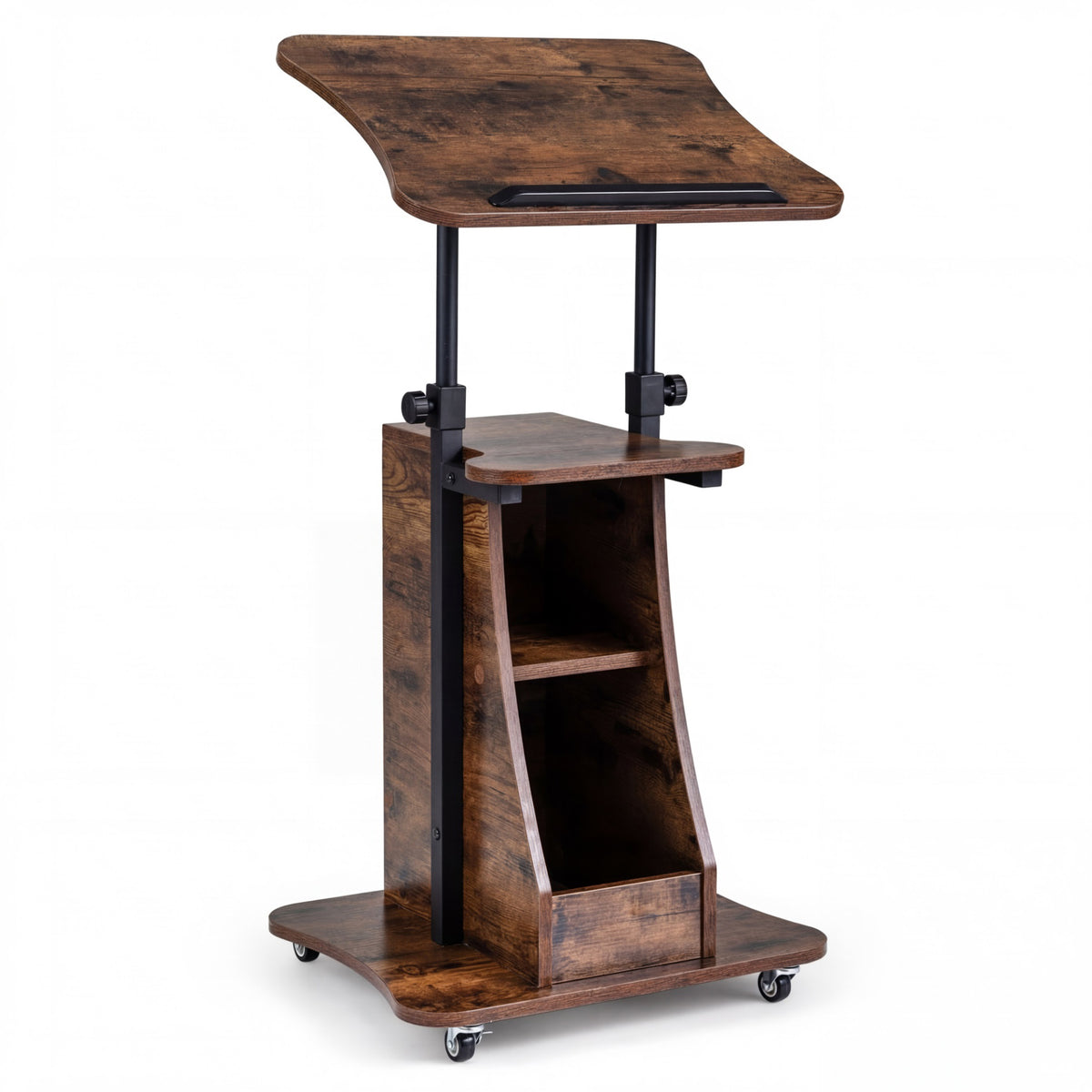 Rolling Podium Stand with Tilting Tabletop and Storage Shelves for Office-Rustic Brown