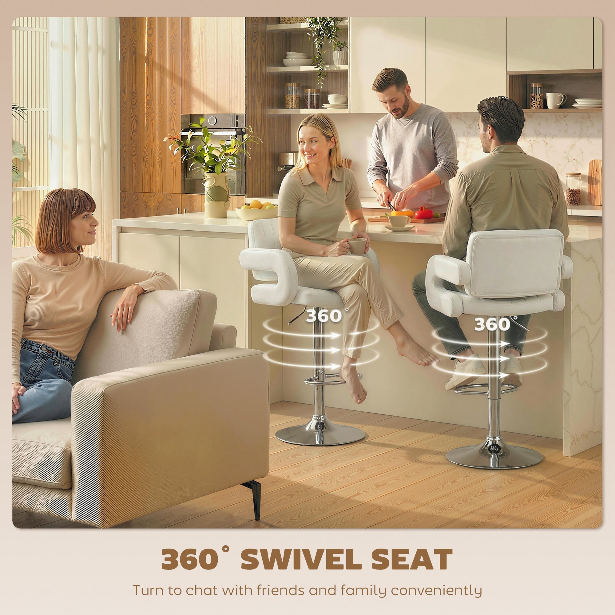 HOMCOM Bar Stools Adjustable Swivel Kitchen Chairs with Backrest Armrest Set of 2 PU Leather White