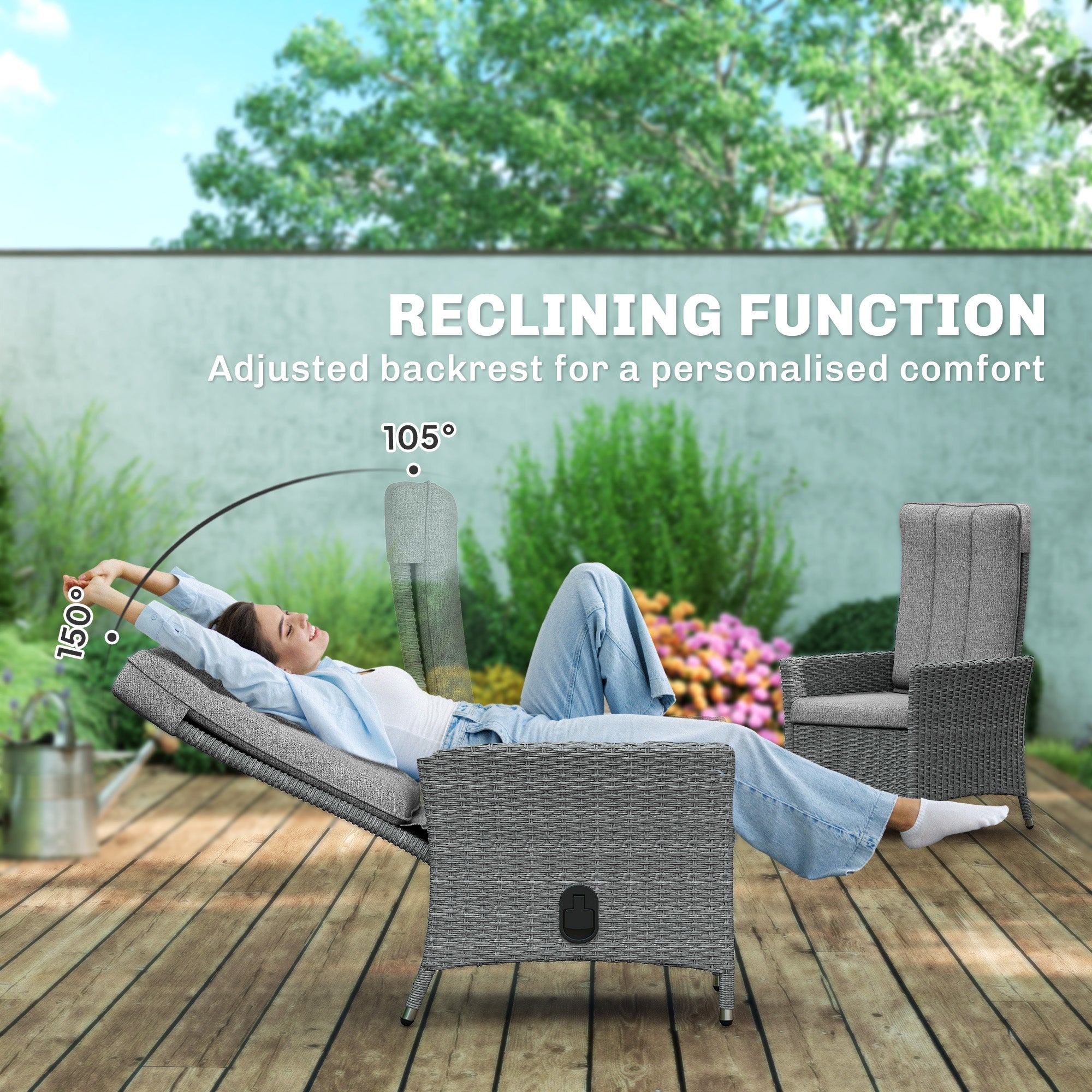 Outsunny 105Â°-150Â° Reclining Rattan Chair - Light Grey