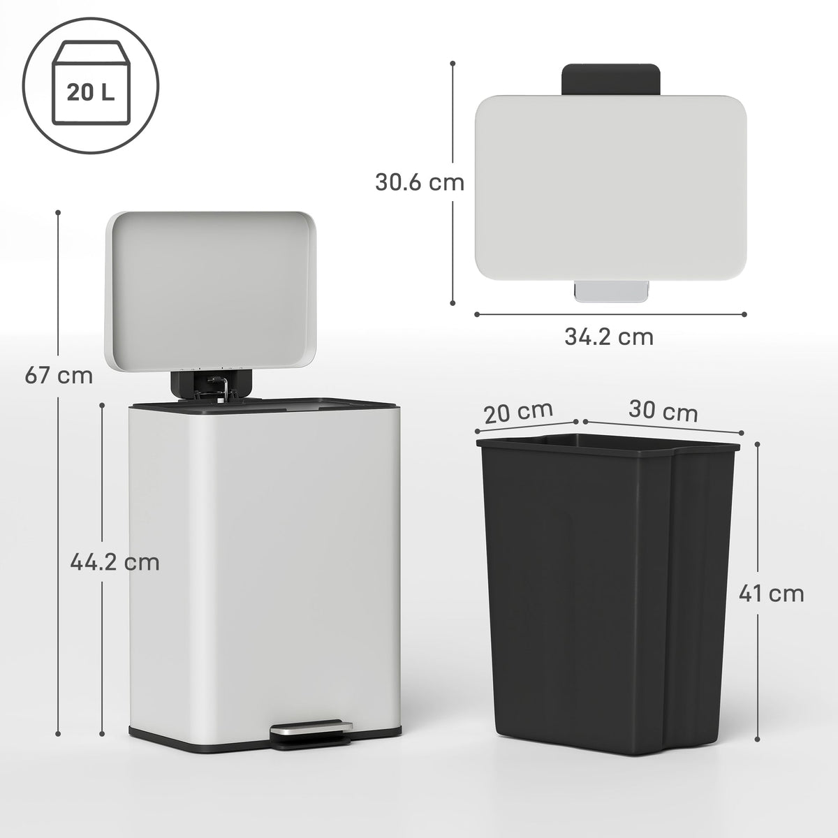 HOMCOM 20L Kitchen Bin with Soft-Close Lid and Stay-Open Function, Pedal Bin with Removable Inner Bucket for Kitchen, Office, Home, Cream