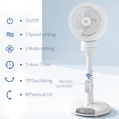 HOMCOM Standing Fan for Bedroom, 28" Pedestal Fan with Remote, 70° Oscillating, 90° Vertical Tilt, 3 Speeds, Adjustable Height, 7H Timer, Foot Button, White