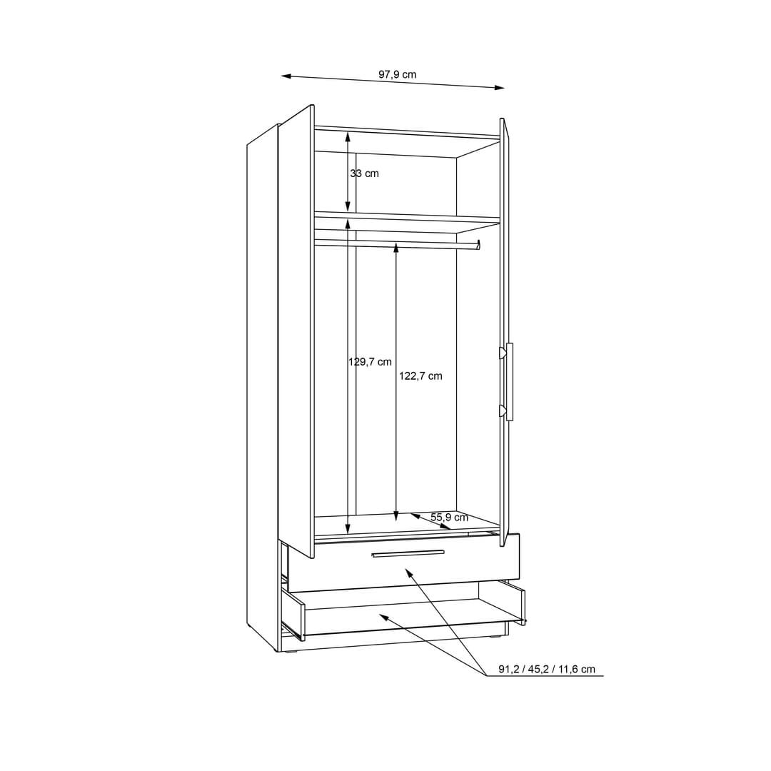 Cadixo Hinged Door Wardrobe 101cm [Drawers], image 7