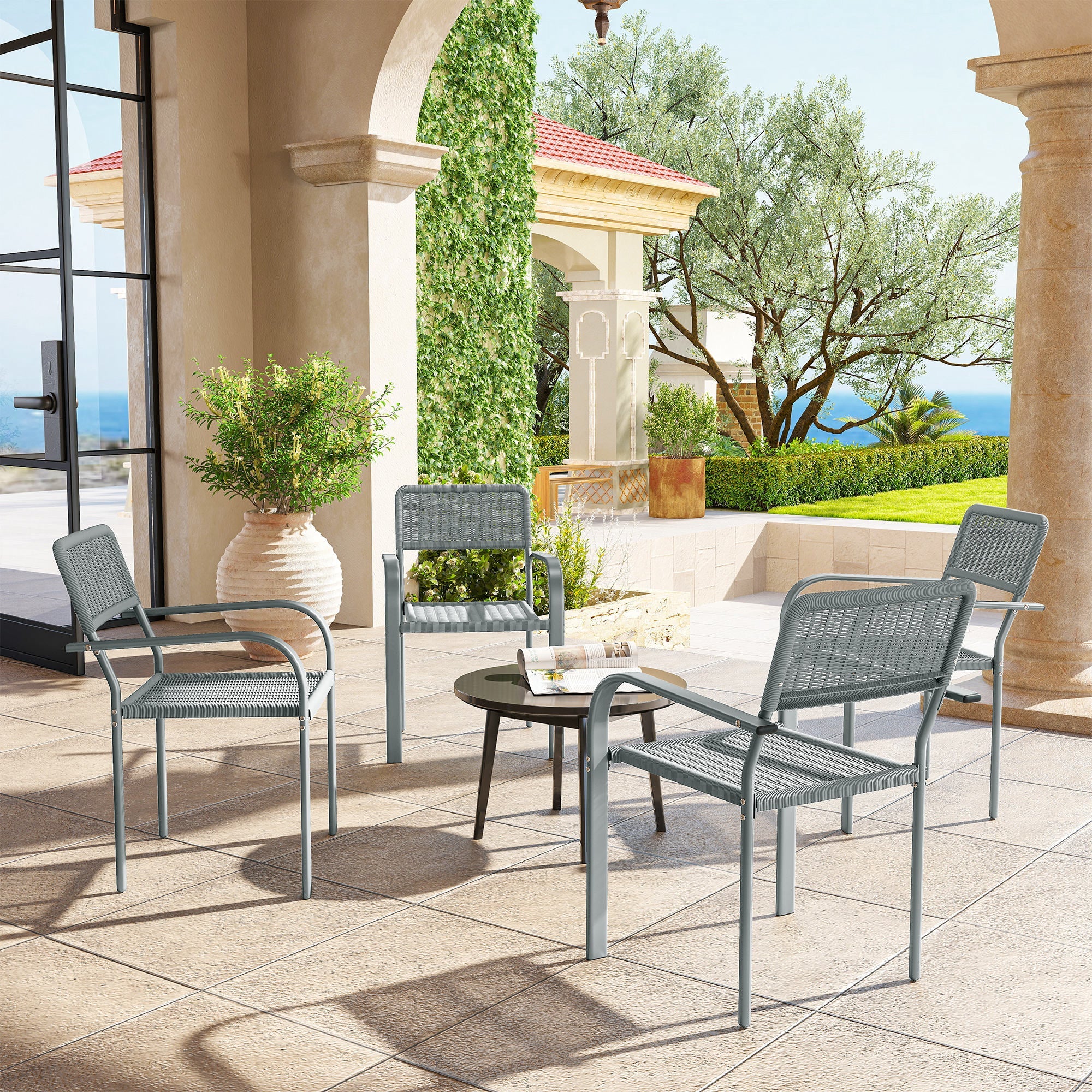 Outsunny Stackable Garden Chairs Set of 4, Rattan Effect Outdoor Dining Chairs, Light Grey