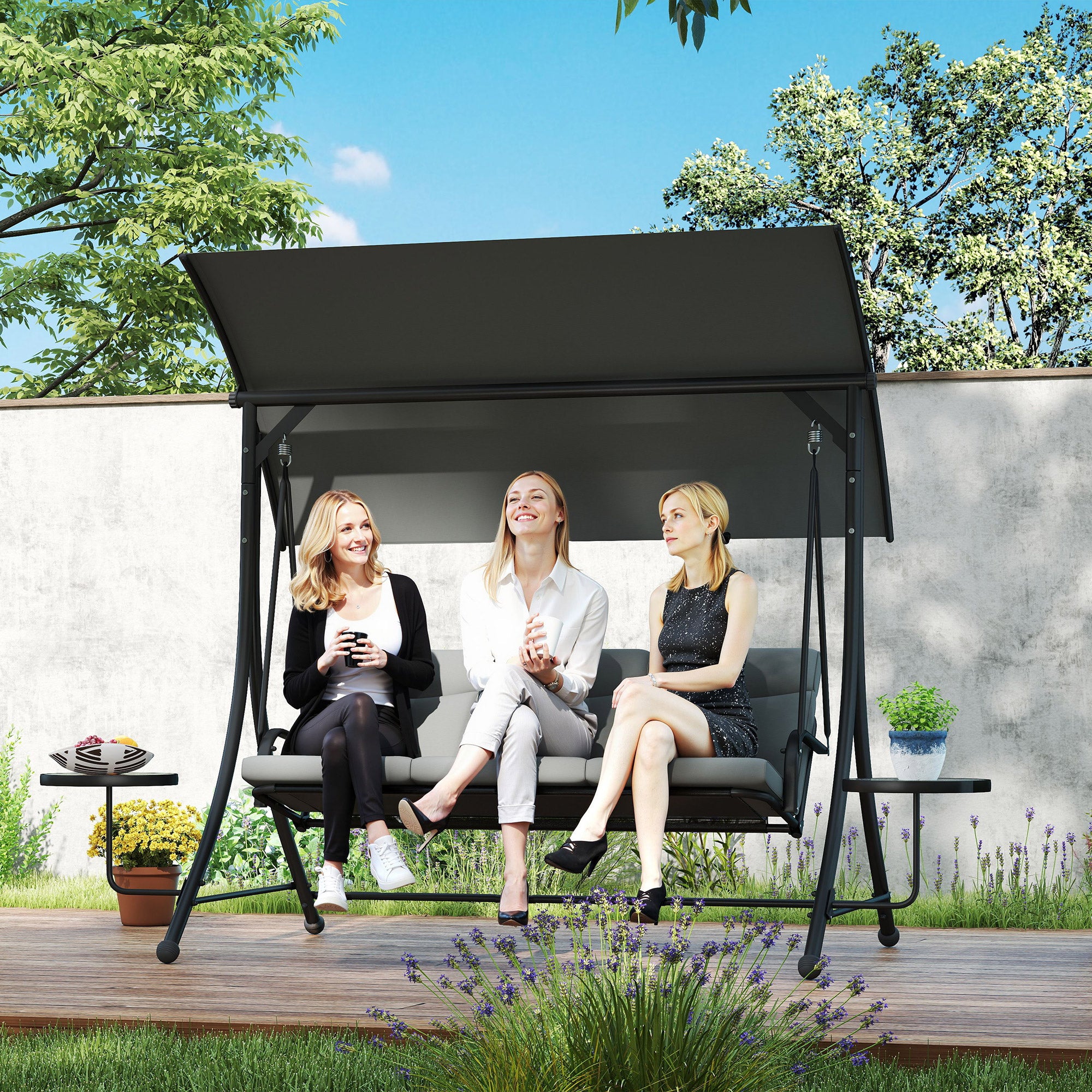 Outsunny Three-Seater Garden Swing, with Adjustable Canopy - Black/Grey