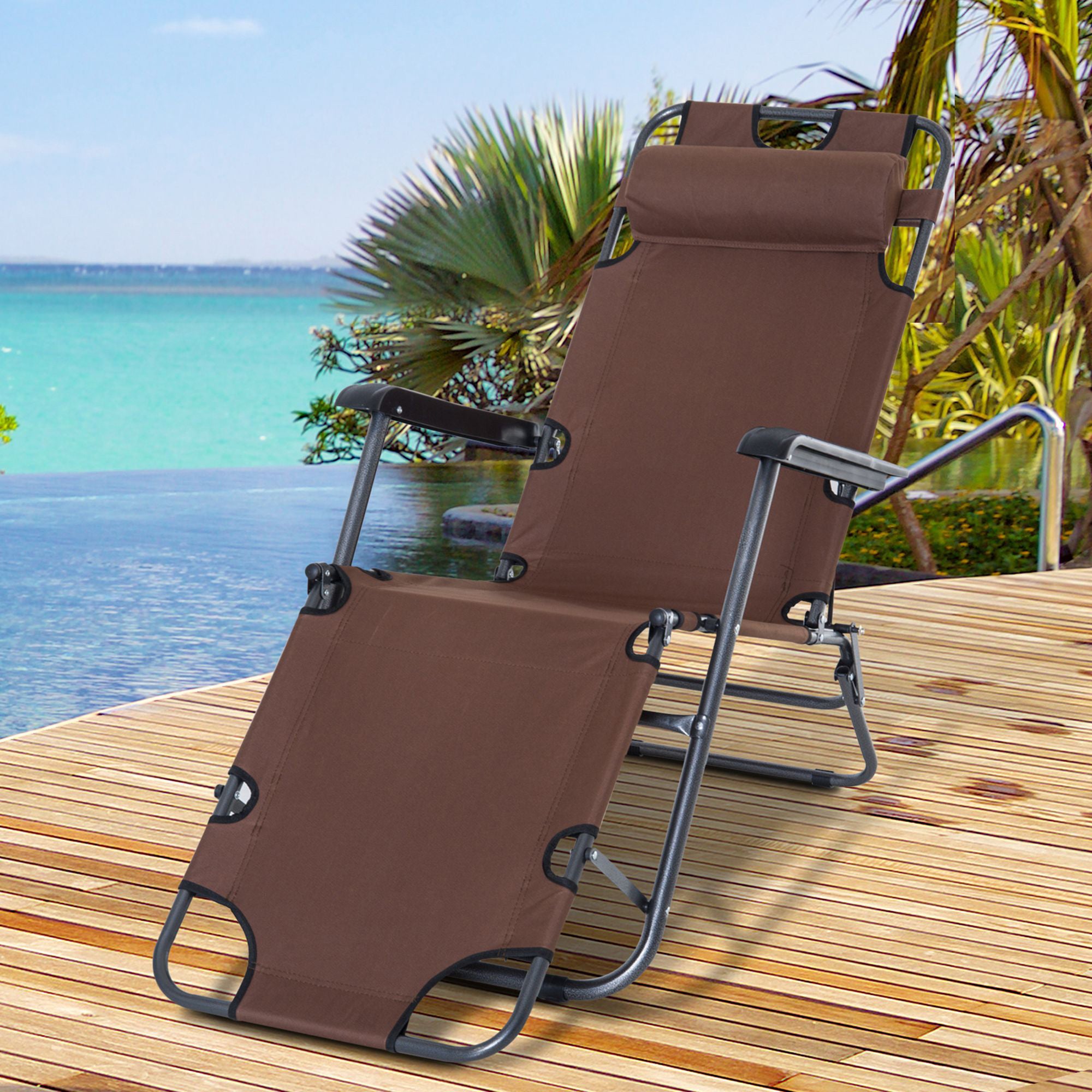 Outsunny 2 in 1 Folding Sun Lounger Reclining Garden Chair with 2-Level Adjustable Backrest, Outdoor Zero Gravity Recliner Garden Chair with Head Pillow and Armrests, Brown
