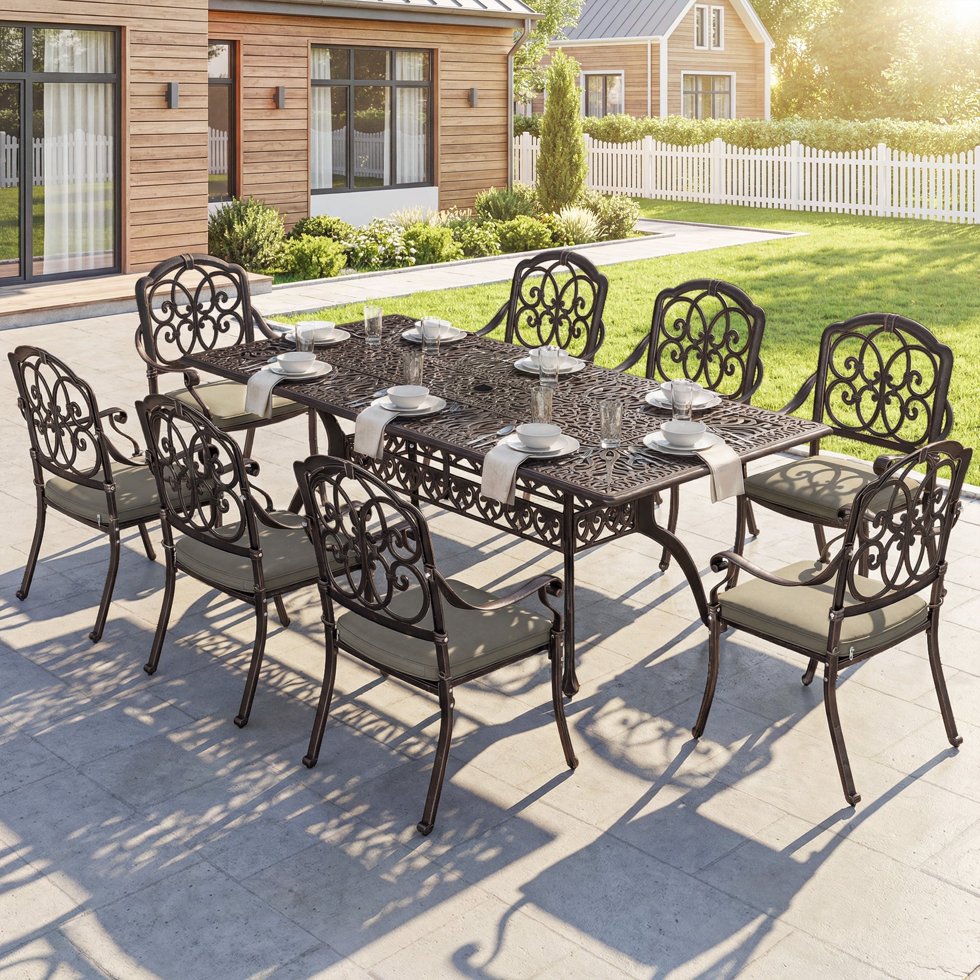 Outsunny 9 Piece Cast Aluminium Garden Dining Set, Garden Table and Chairs Set with Cushions, Parasol Hole for Patio, Bronze Tone