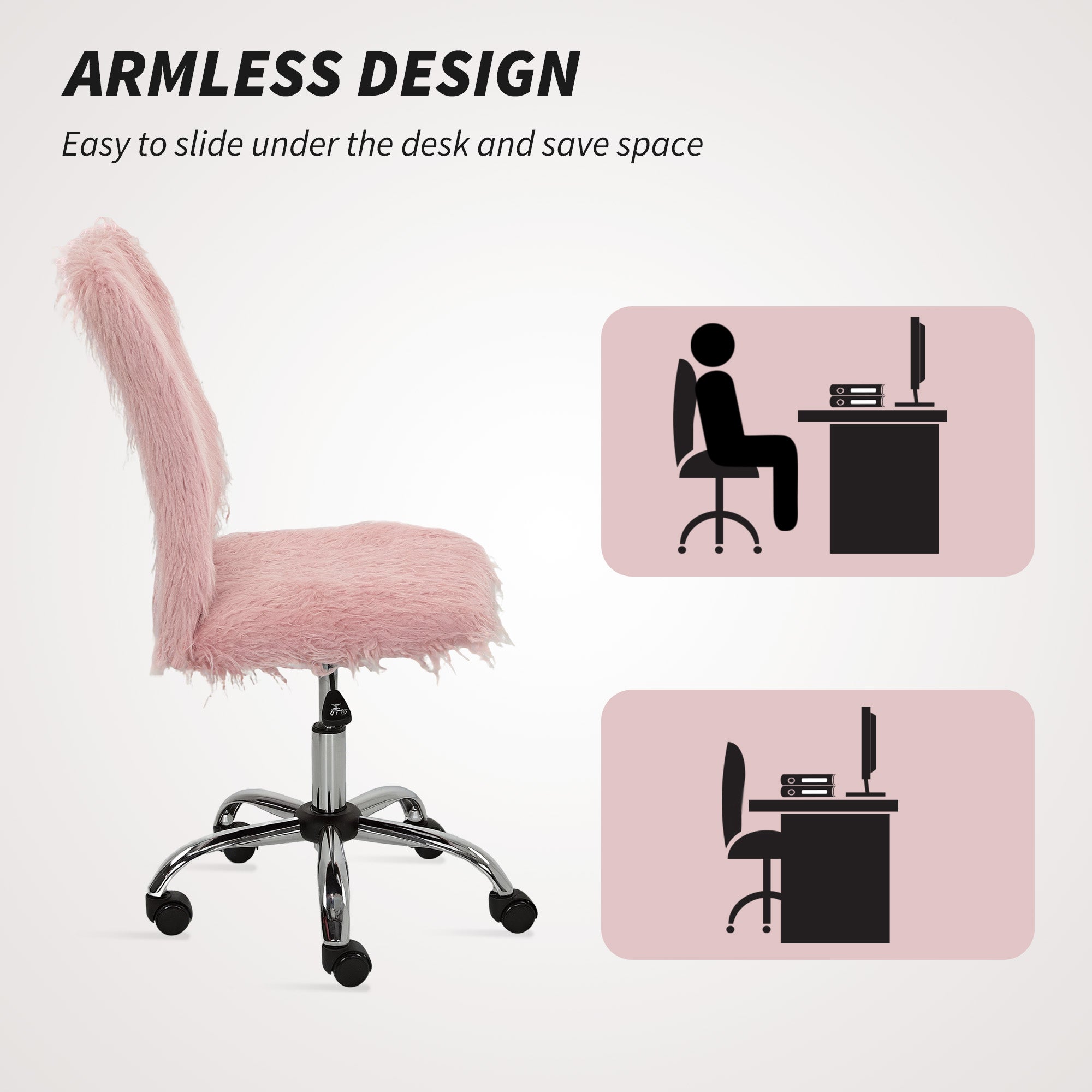 HOMCOM Plush Office Desk Chair, Modern Armless Swivel Vanity Chair with Adjustable Height for Home Office, Bedroom, Living Room, Pink