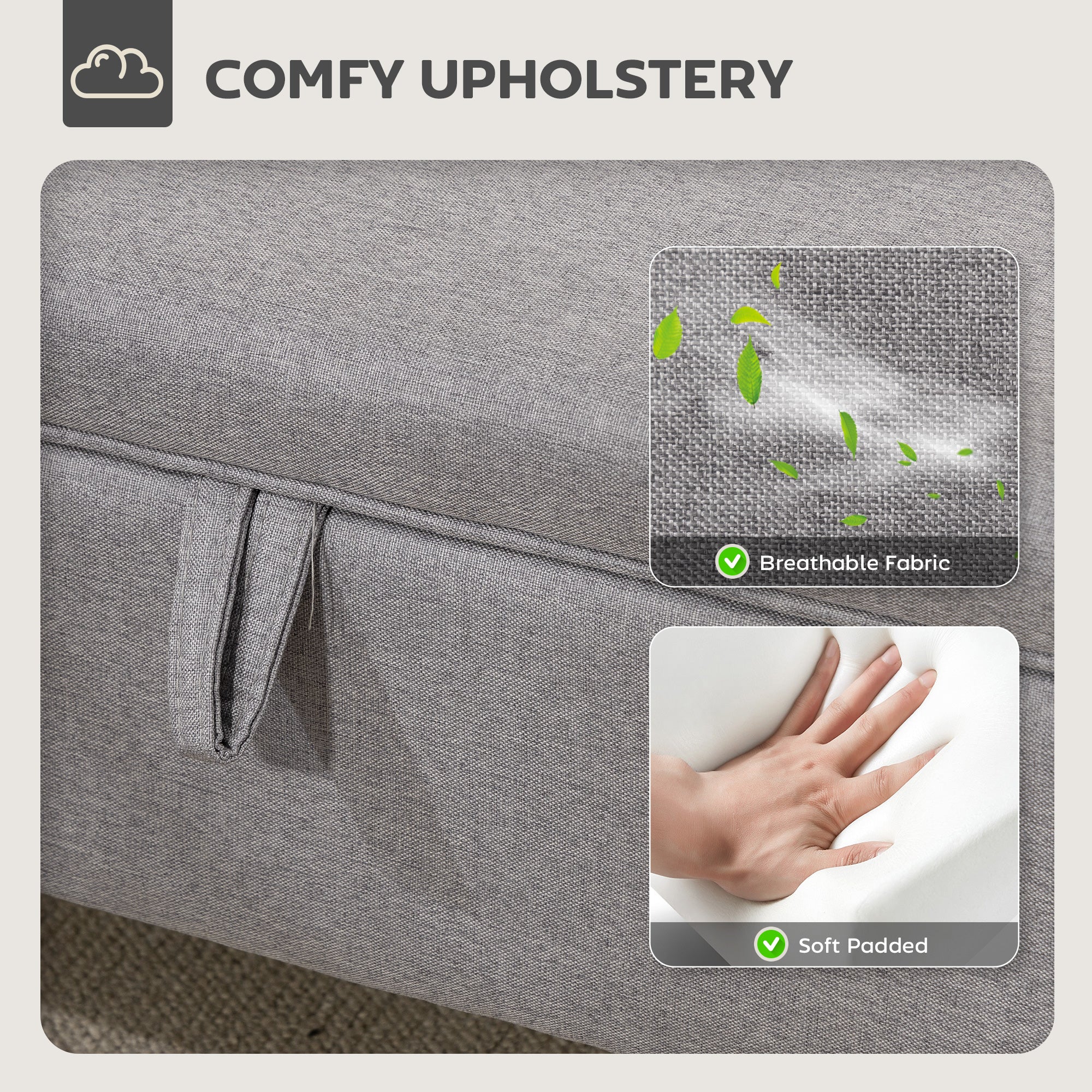 HOMCOM 30L Linen Storage Ottoman Padded Footstool with Rubberwood Legs for Storage Box, Bed End, Shoe Bench, Seating, Light Grey