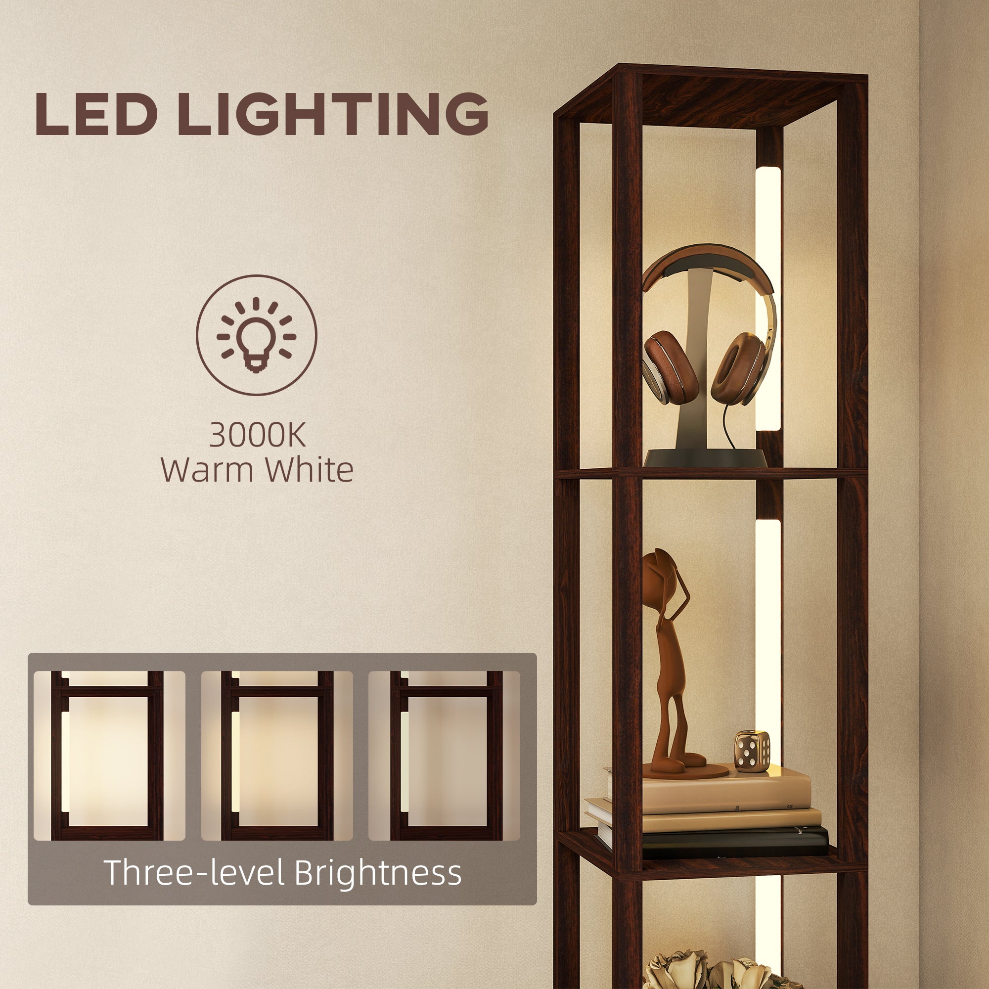 HOMCOM Floor Lamp with Shelves, LED Column Modern Standing Lamp with Fabric Drawer, Adjustable Brightness, Foot Switch for Living Room, Bedroom, Office, Dark Brown