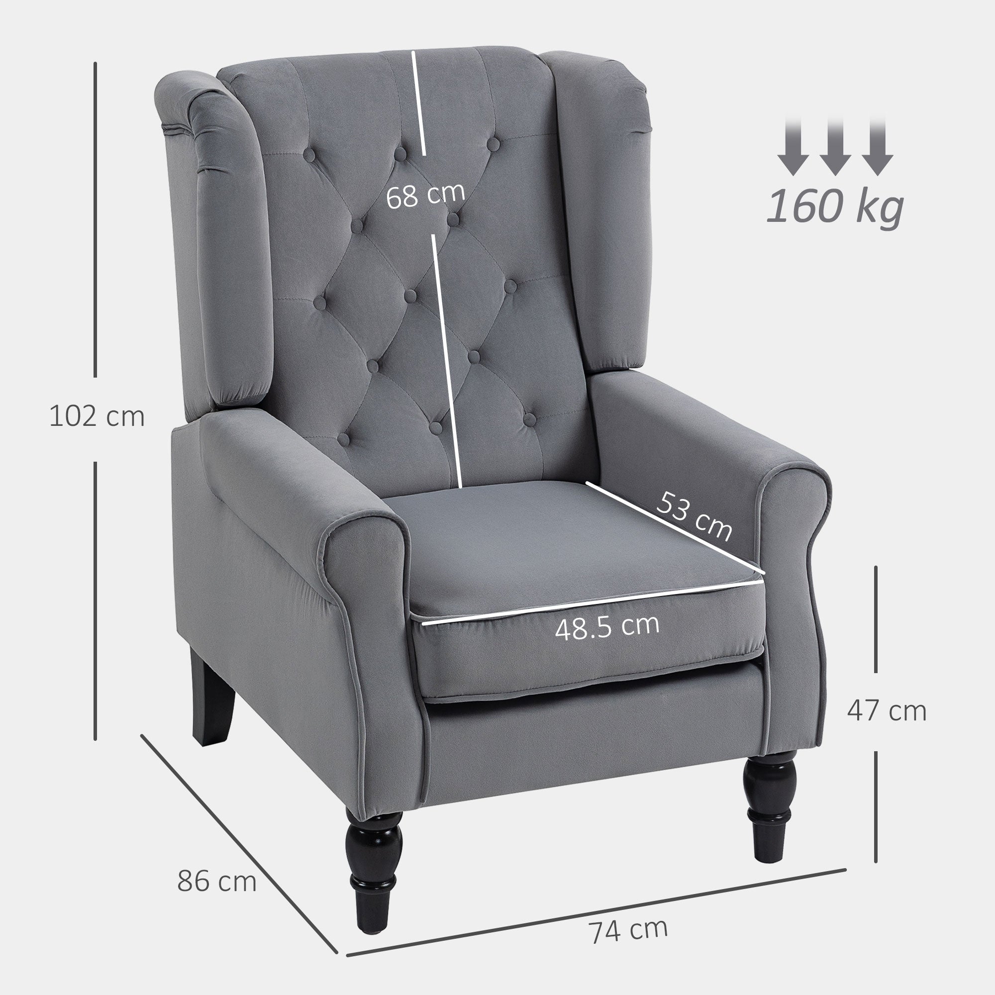 HOMCOM Wingback Accent Chair, Retro Upholstered Button Tufted Occasional Chair for Living Room and Bedroom, Light Grey