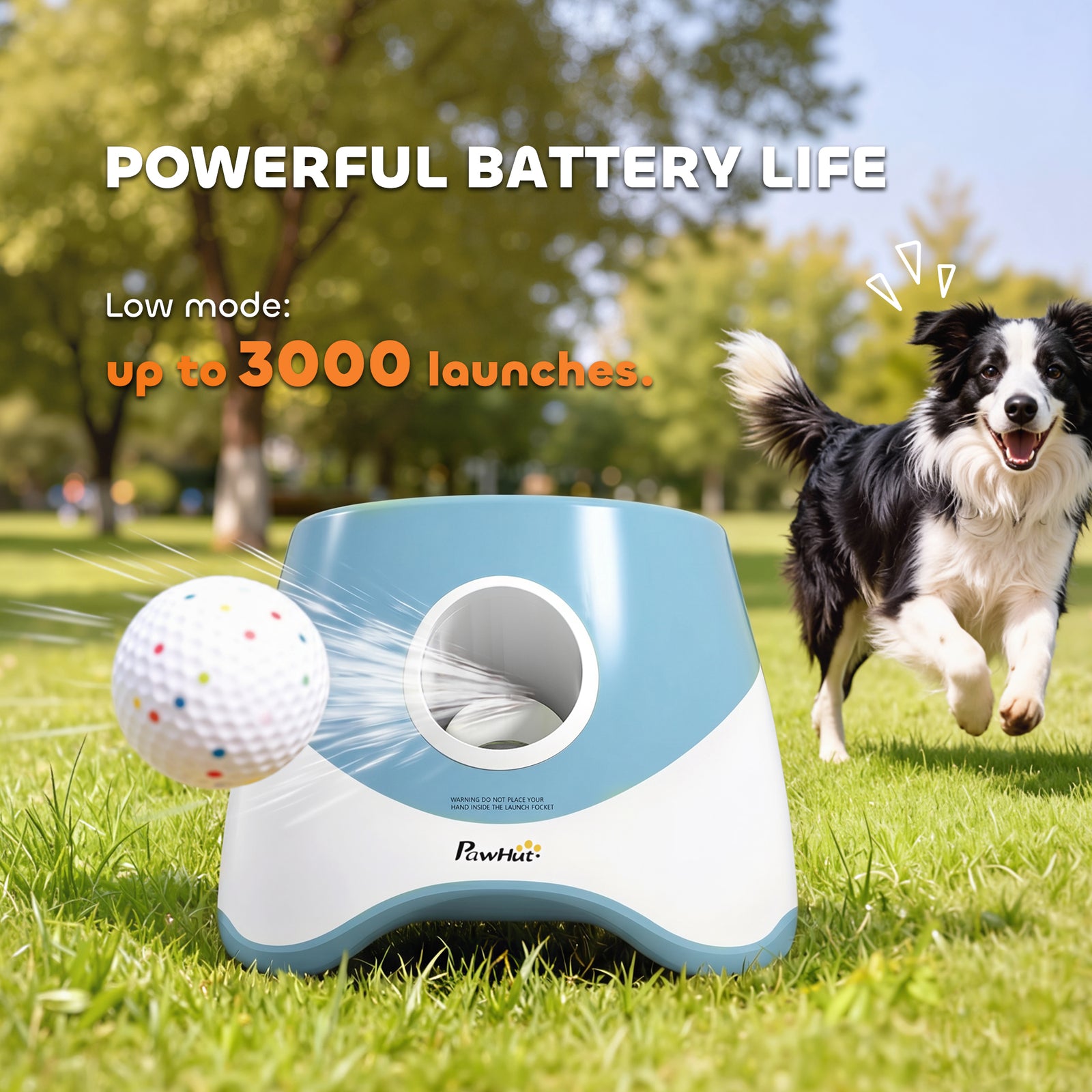 PawHut Automatic Dog Ball Launcher with 5 ETPU Balls 5.8 cm, 3 Distance Settings 6/10/14 m, Blue