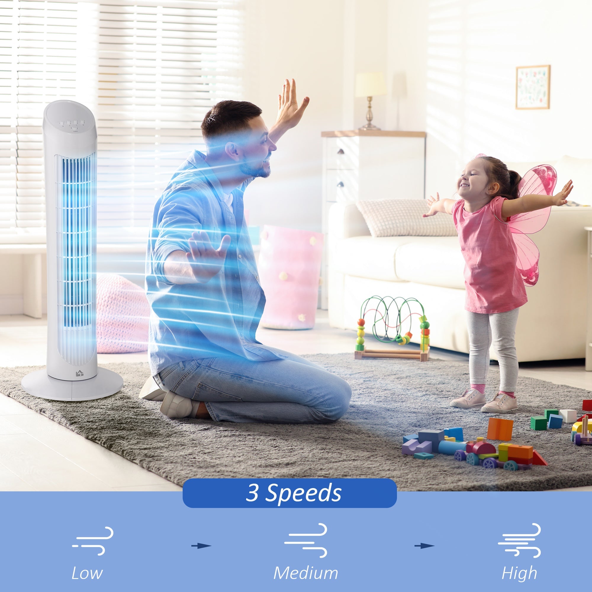 HOMCOM Tower Fan for Bedroom Cooling, 30 Inch Electric 70Â° Oscillating Fan with 3 Speed Settings, Standing Floor Fan for Home Office Indoor, White