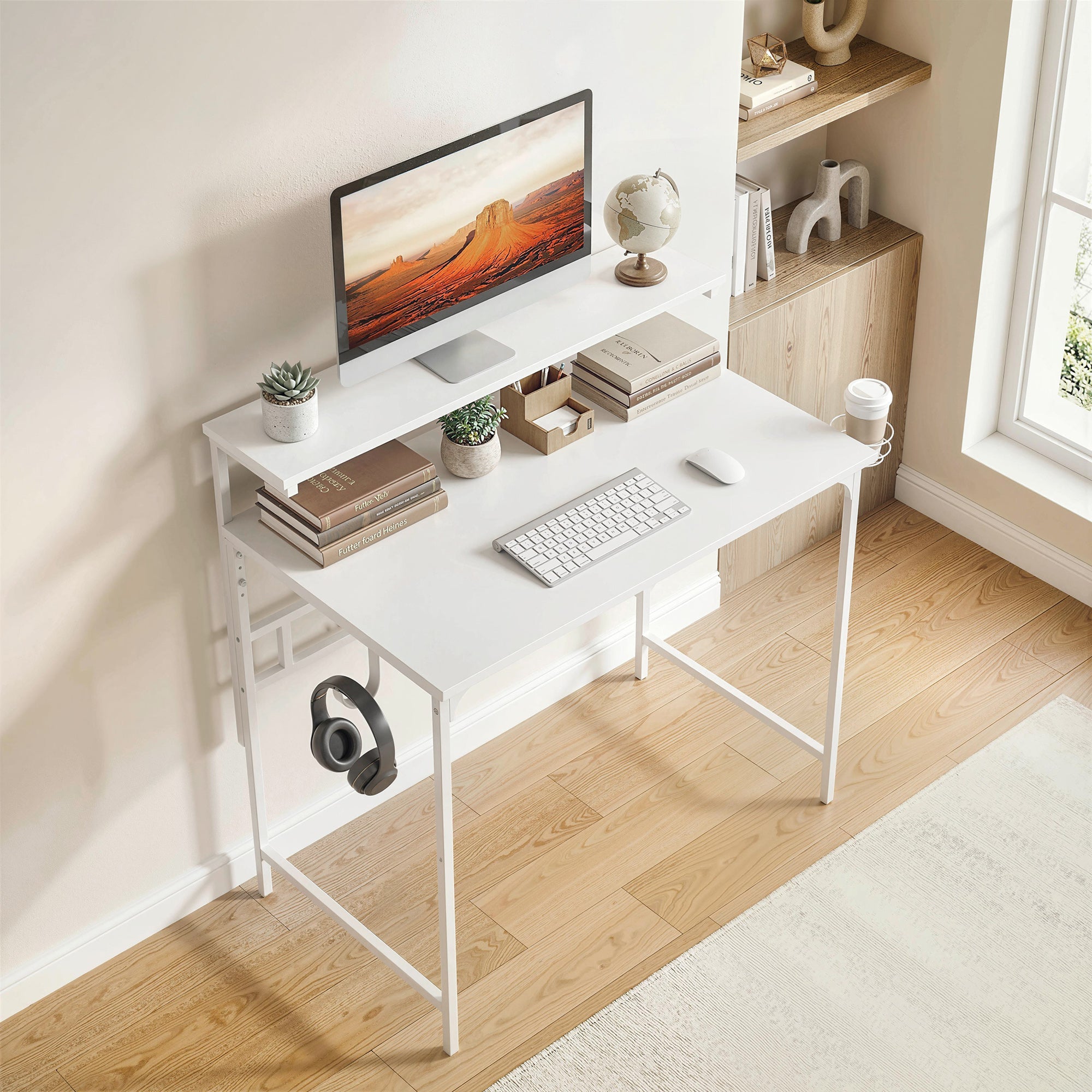HOMCOM Computer Desk, 80cm Home Office Study Table with Hutch Shelf, Cup Holder, Headphone Hook, White