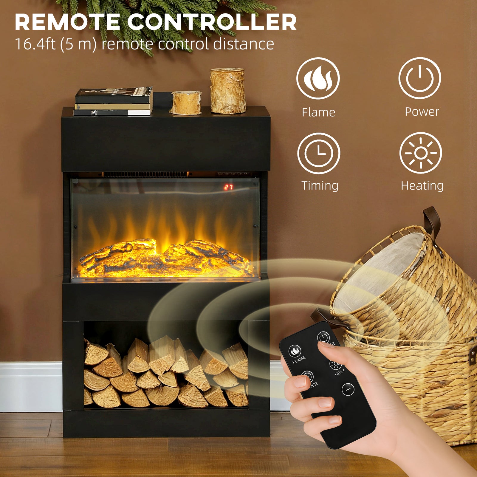 HOMCOM 19" Electric Fireplace with Surround, 3D Flame Effect, 6 Colours & 3 Brightness Levels, 1000W/2000W Black Electric Fire and Mantel Reach up to 30㎡ Space with Remote & Timer, 3 Sided View