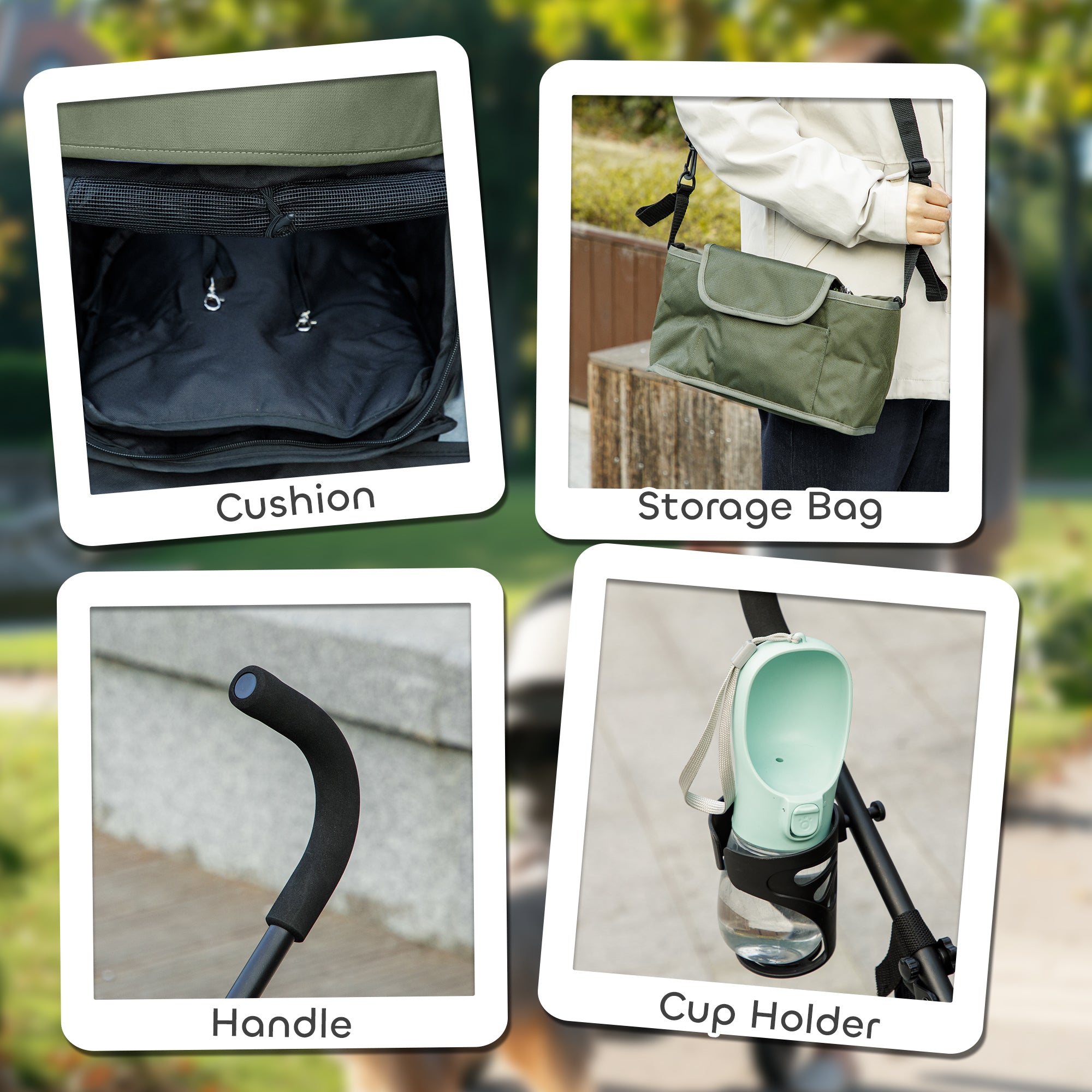 PawHut Foldable Dog Stroller, Lightweight Dog Pram w/ Shoulder Strap, Storage Bag, Cup Holder, Dark Green