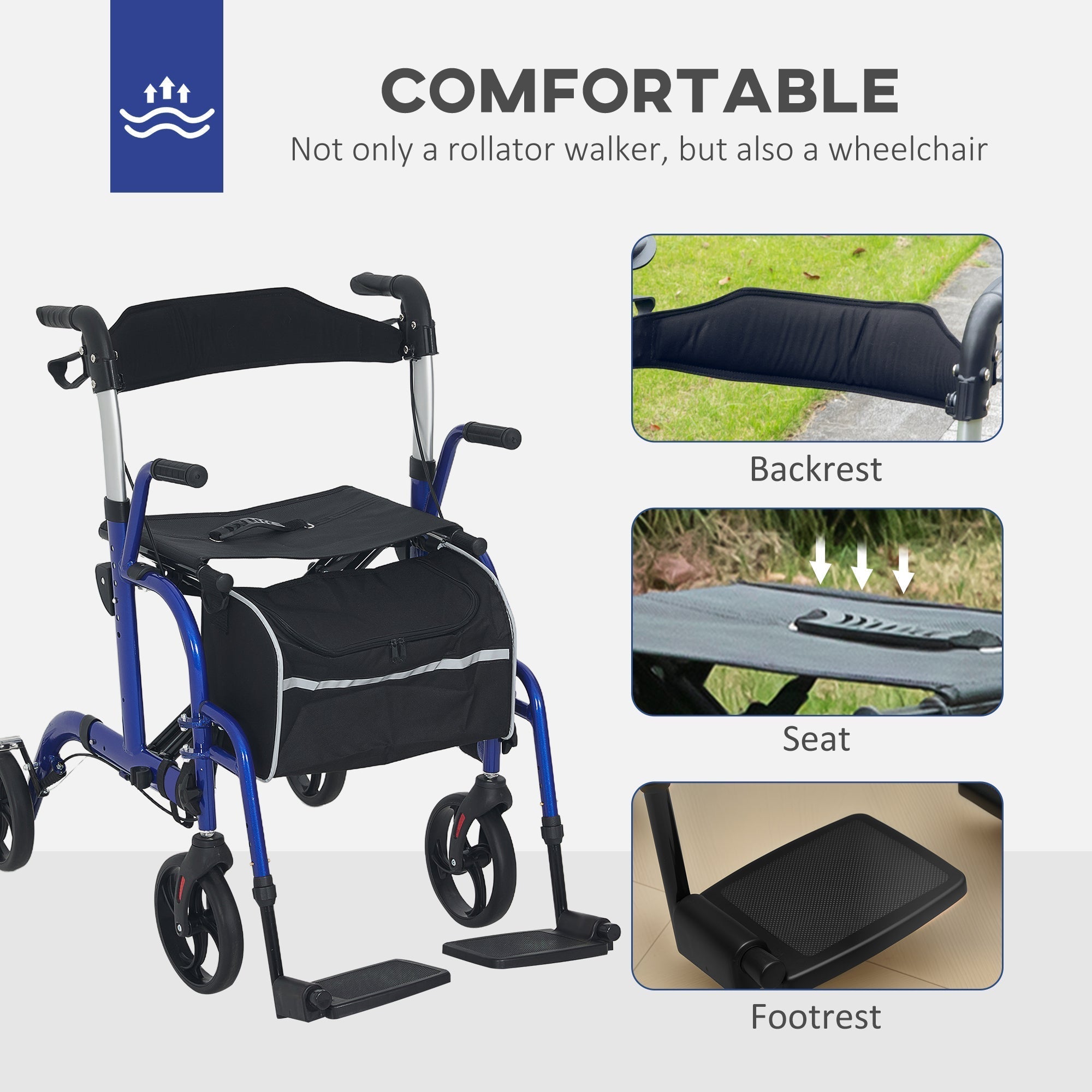 HOMCOM 2 in 1 Wheelchair Transport Chair & Folding Rollator Walker with Seat, Backrest, Footrest, Lightweight Walking Frame with Bag, Adjustable Height, 4 Wheeled Walker for Seniors, Pearl Blue