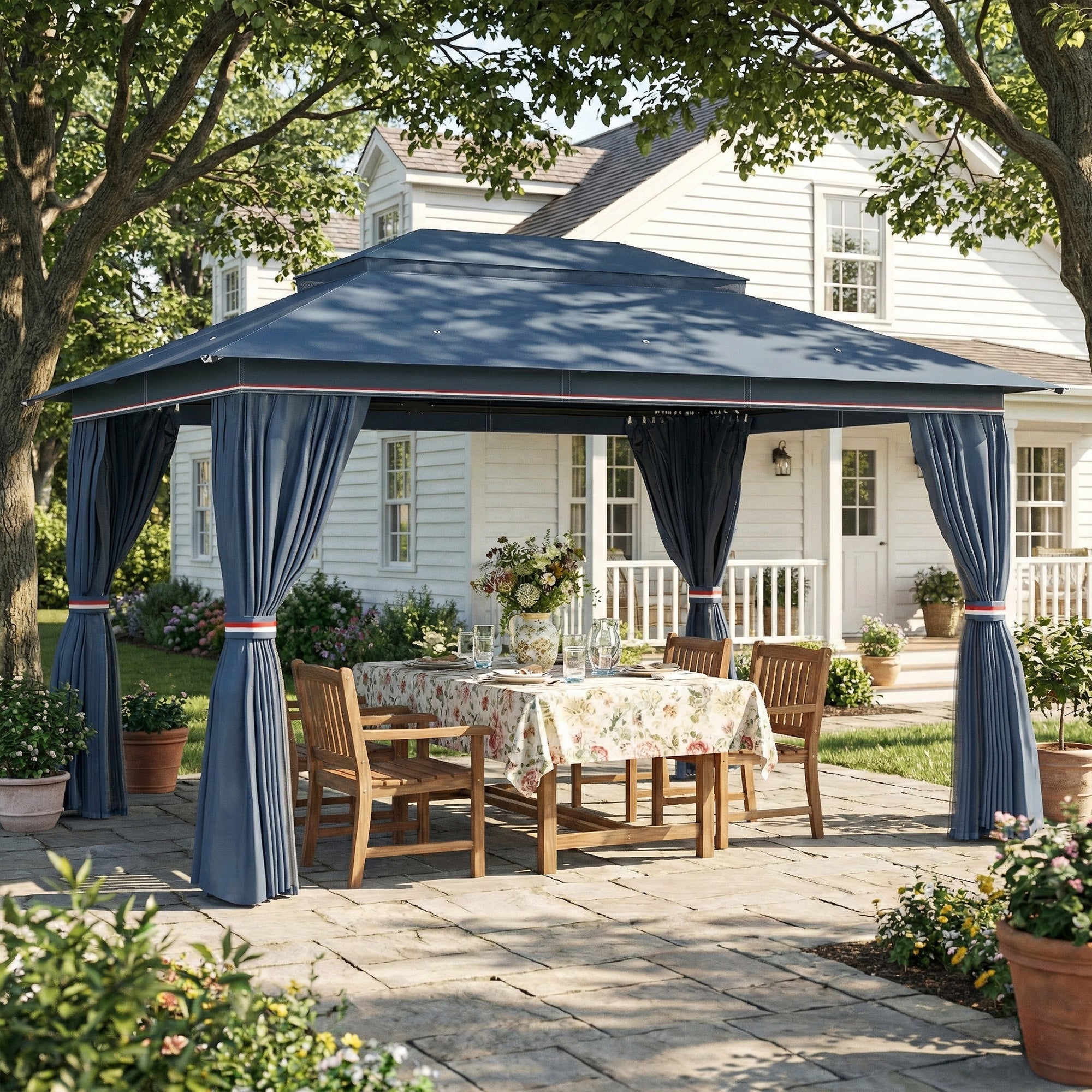 Outsunny 3 x 4 m Outdoor Garden Gazebo with Netting and Curtains, UPF50+ Patio Gazebo Permanent Pavilion Canopy, Dark Blue