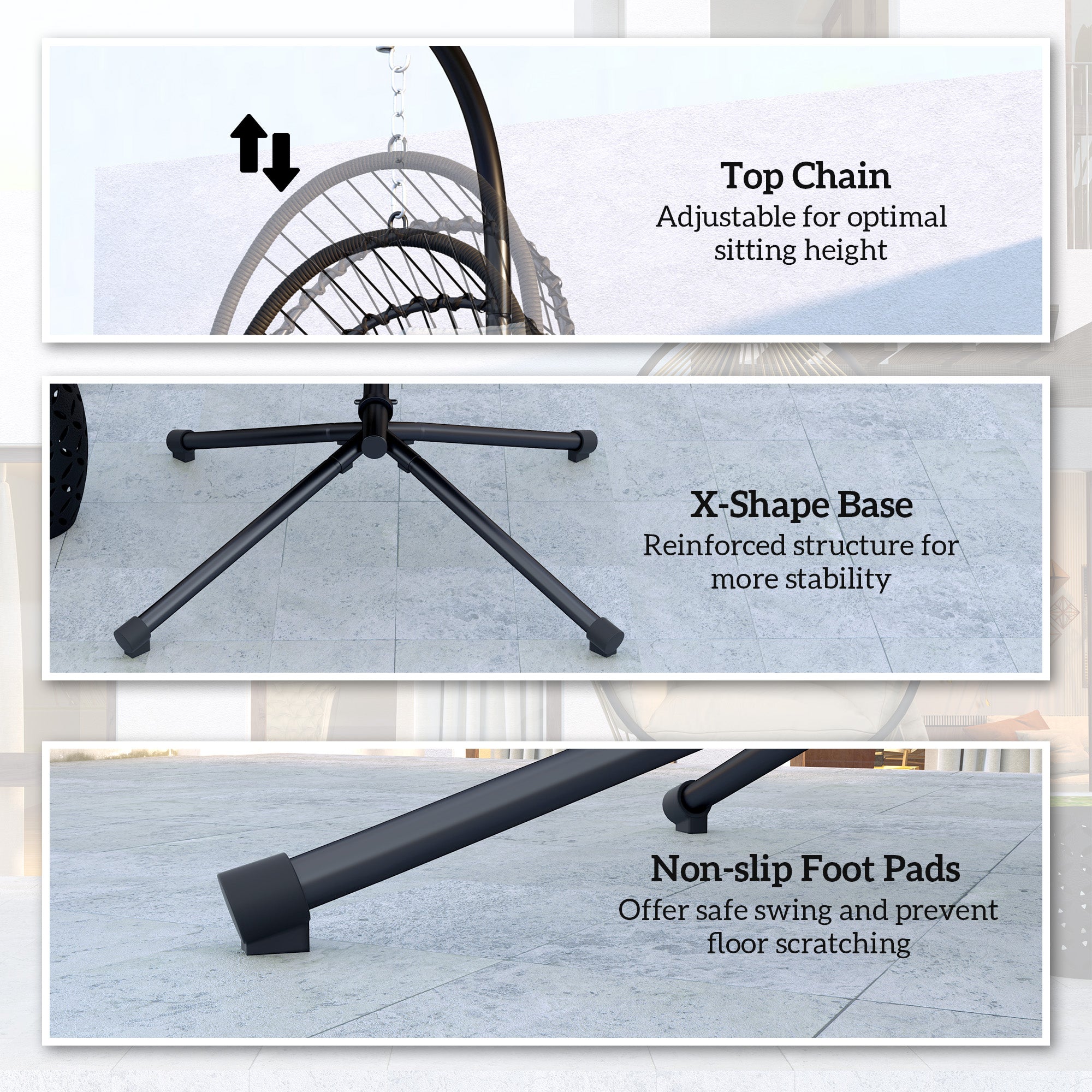 Outsunny Outdoor PE Rattan Swing Chair with Foldable Basket and Cushion, Garden Patio Hanging Egg Chair with Metal Stand, Headrest for Indoor and Outdoor, Black