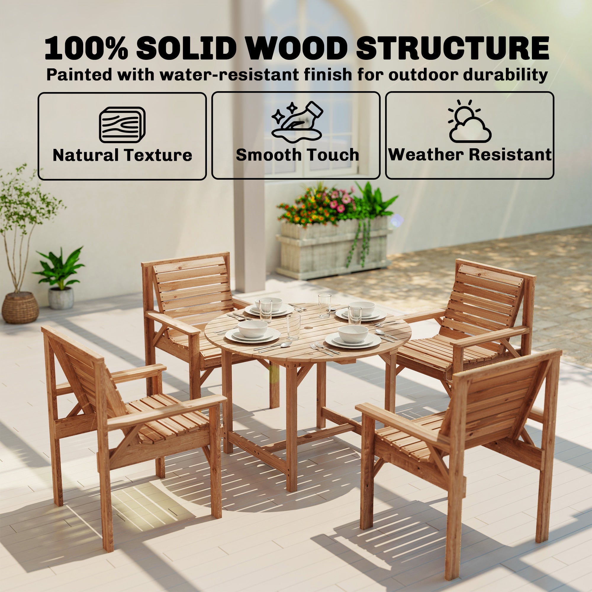 Outsunny 5 Pieces Garden Dining Set with Parasol Hole, Round Outdoor Table and Chairs, 4 Seater Wooden Garden Furniture, Natural