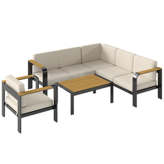 Outsunny 3 Pieces Garden Furniture Set with L-Shaped Sofa, Armchair and Coffee Table, Aluminium Garden Corner Sofa Set