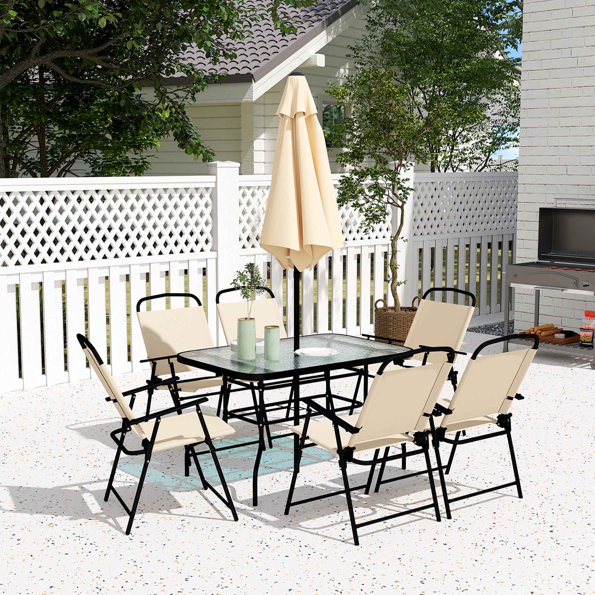 Outsunny 8 Pieces Garden Dining Set with Umbrella, Patio Sets with Parasol with 6 Foldable Chairs, Glass Top Table, and Sun Parasol, Beige