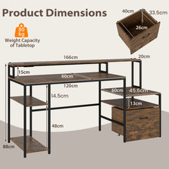 COSTWAY 166CM Computer Desk with Charging Station for Home Office-Rustic Brown