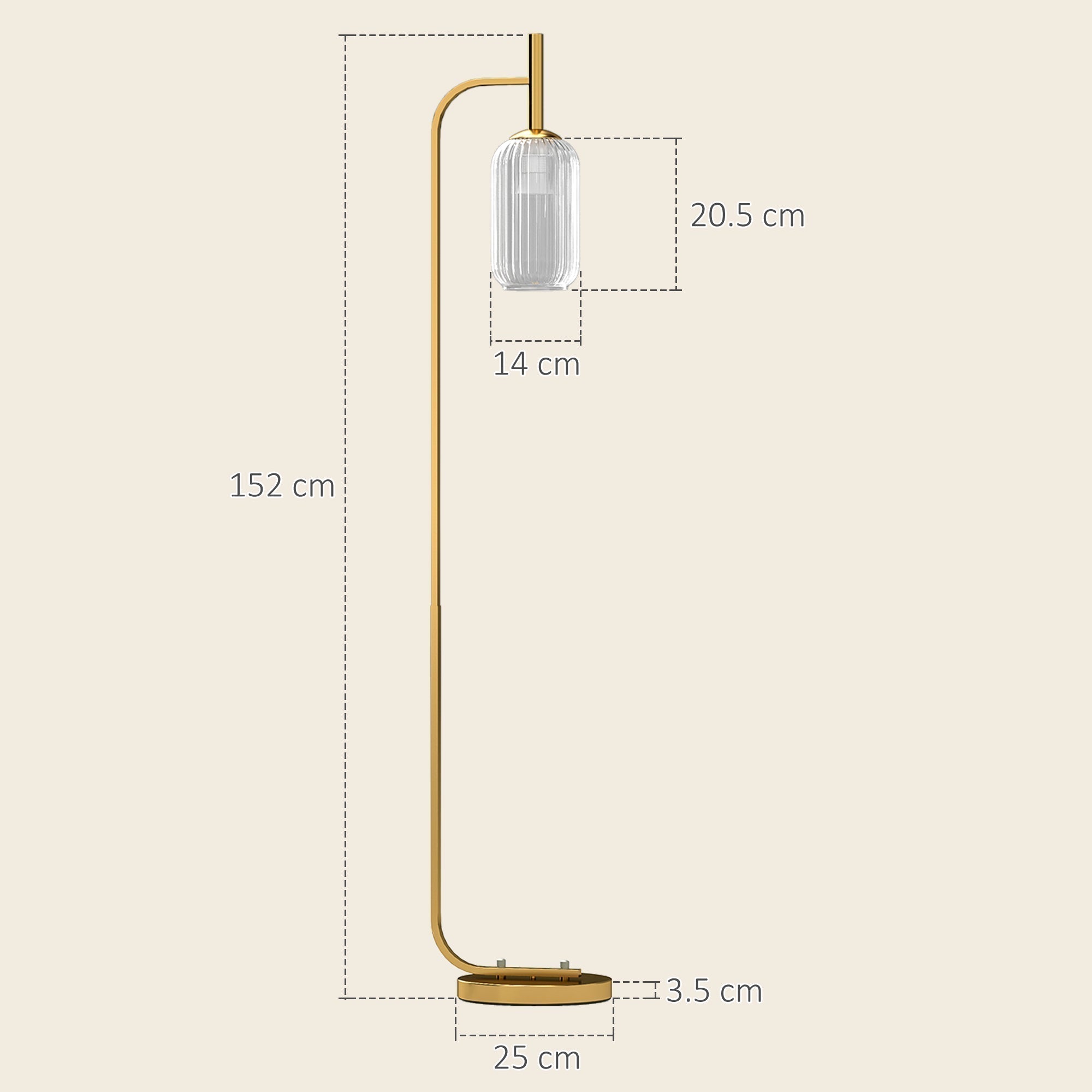 HOMCOM LED Floor Lamp for Living Room with Glass Lampshade, Modern Standing Lamp with Foot Switch, Adjustable Brightness, 2700K for Bedroom, Gold Tone