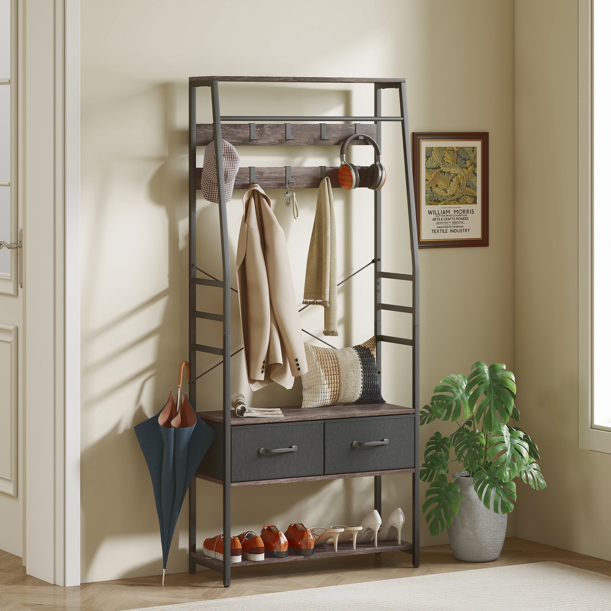 HOMCOM Coat Rack with Shoe Storage, Hall Tree, Industrial Coat Stand with Shoe Bench, 10 Removable Hooks, 2 Fabric Drawers and Clothes Rail for Entryway, Hallway, Grey