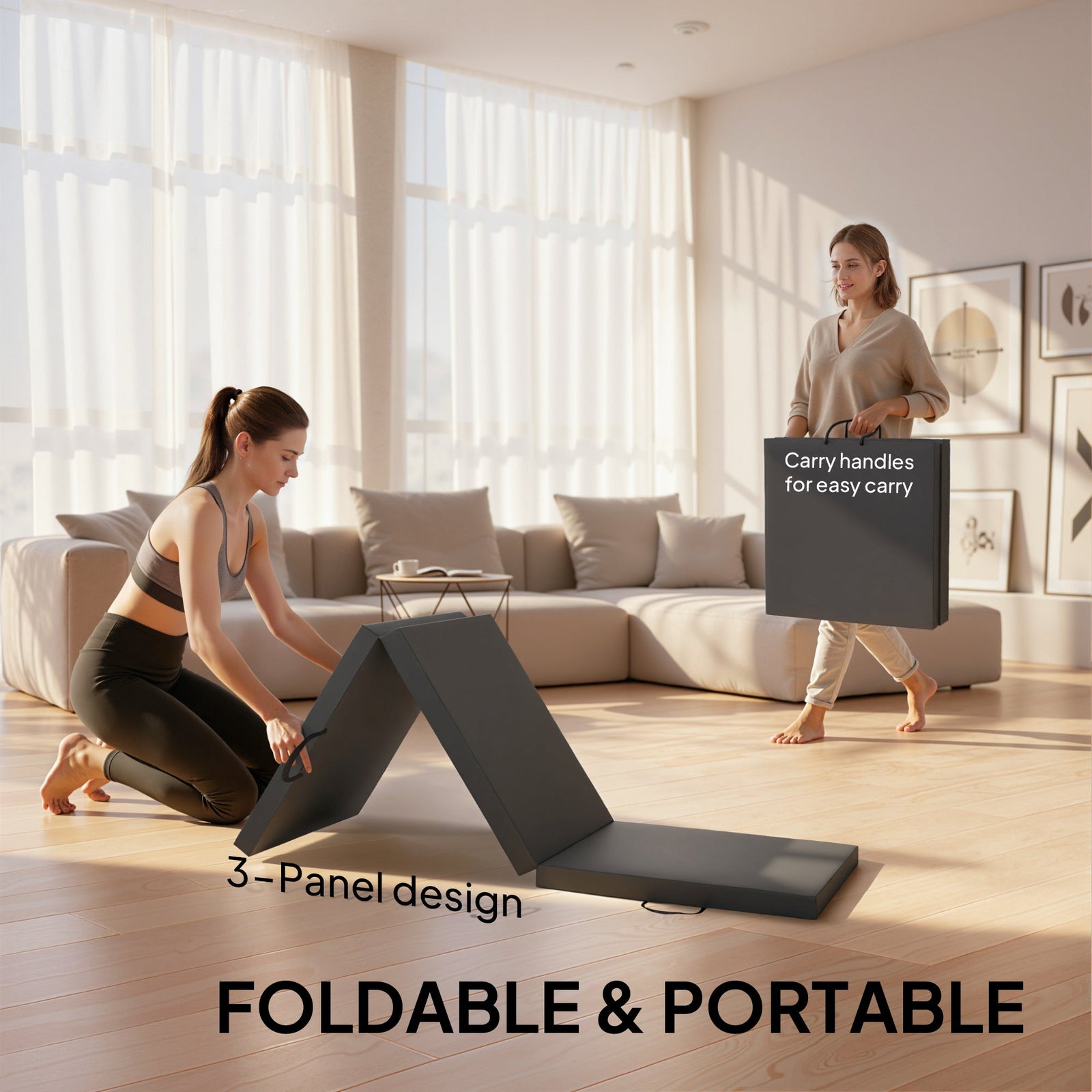 HOMCOM Gymnastics Mat, Tri-Fold Crash Exercise Pad, 6FT 2" Thick Foldable Workout Mat with Handles for Home Training, Grey