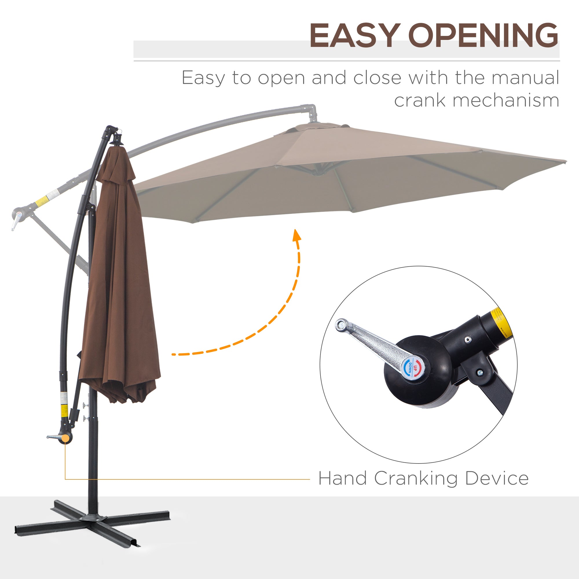 Outsunny 2.45m Overhanging Cantilever Parasol, Heavy Duty Waterproof Garden Umbrella with Cross Base, Brown