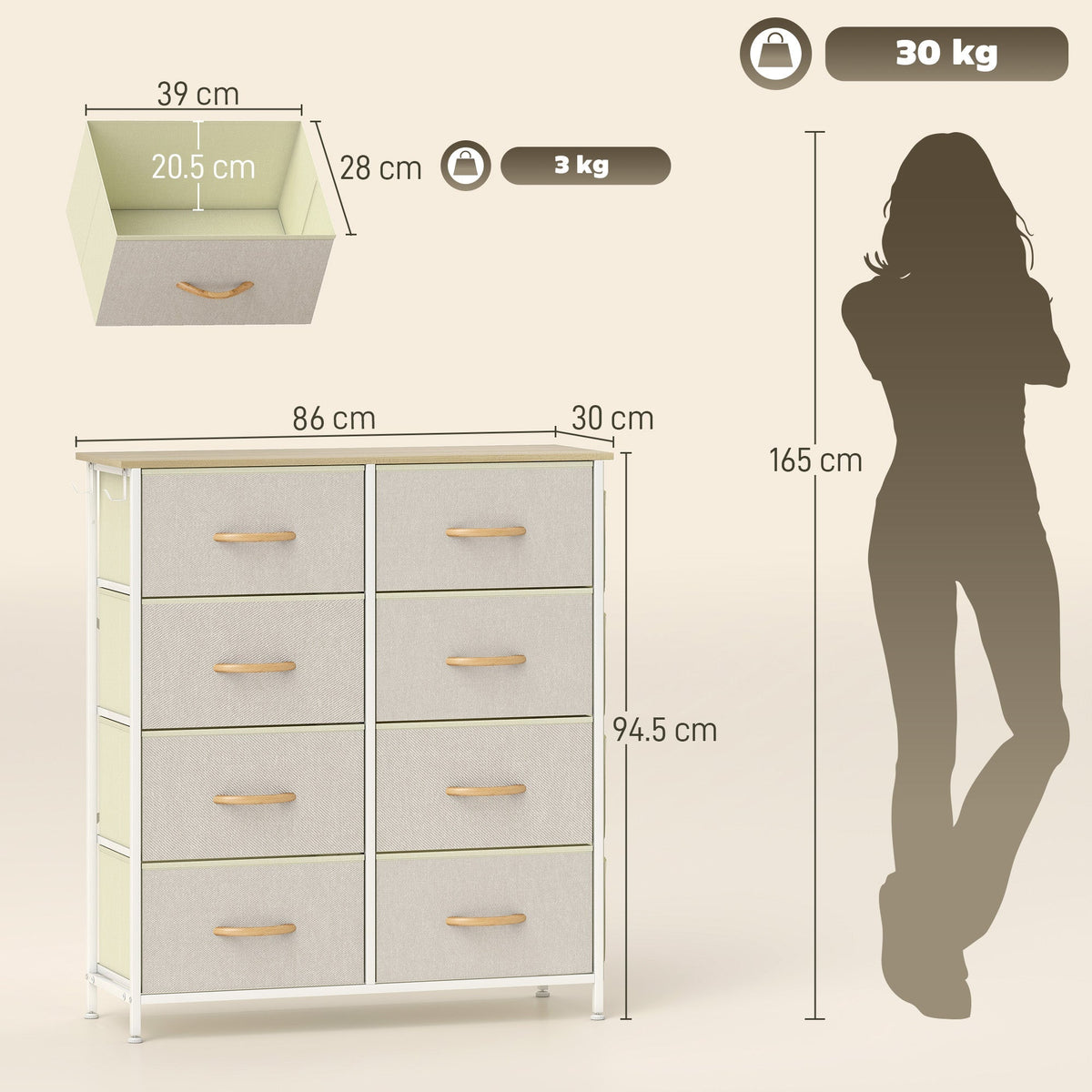 HOMCOM Chest of Eight Fabric Drawers - Beige