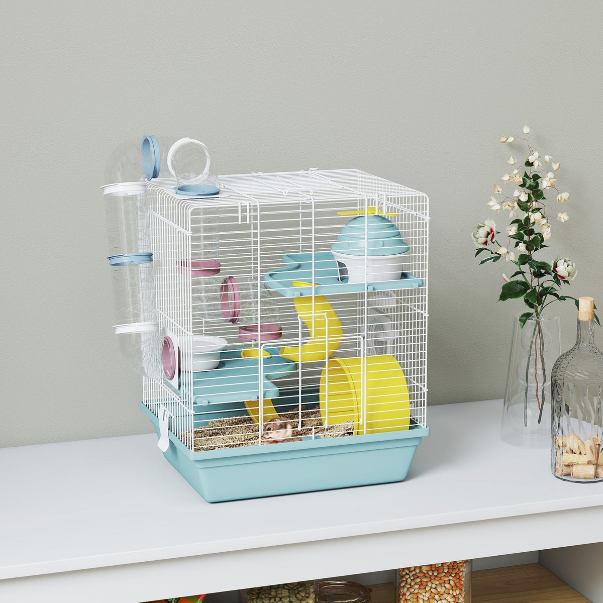PawHut 3-Level Hamster Cage with Exercise Wheel, Water Bottle, Food Bowl, for Dwarf Hamsters, 34.5 x 27.5 x 41 cm, Blue