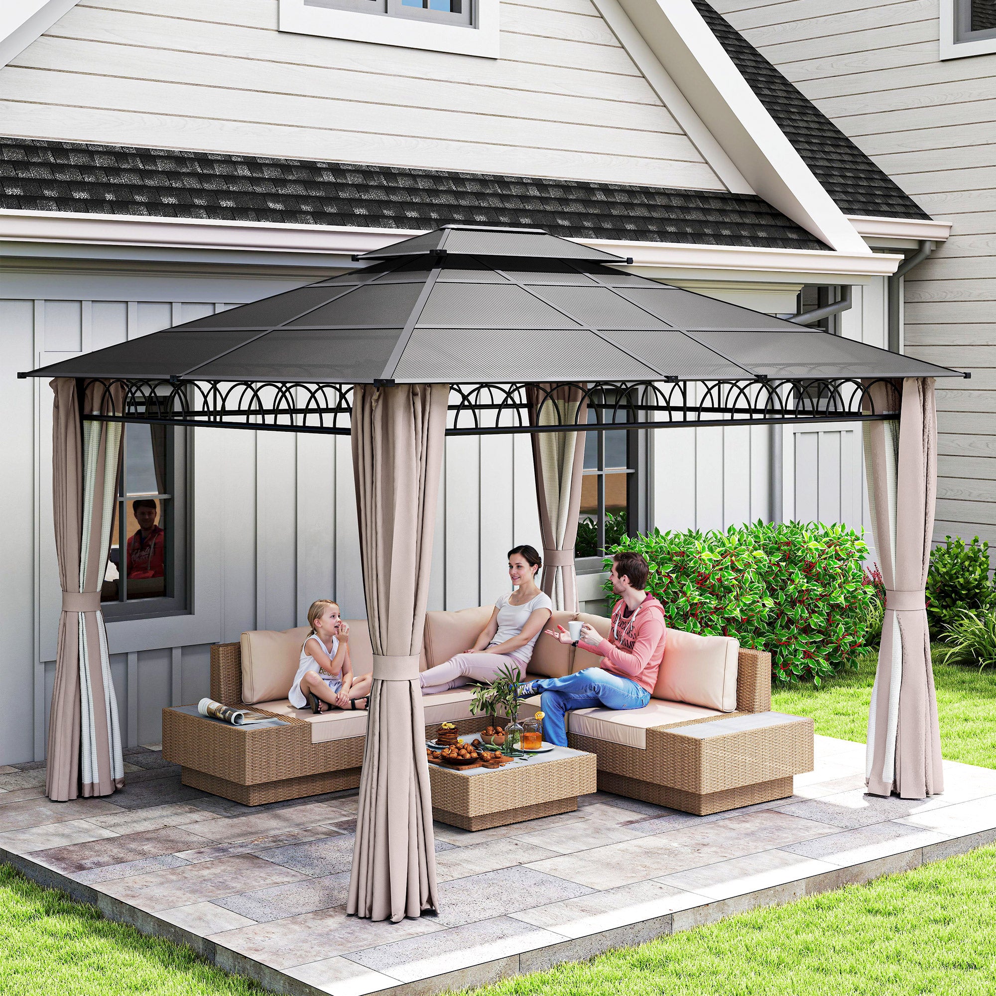 Outsunny 3.6 x 3 (m) Outdoor Polycarbonate Gazebo, Double√Ç Roof Hard Top Gazebo with Nettings√Ç &√Ç Curtains for Garden, Lawn, Patio