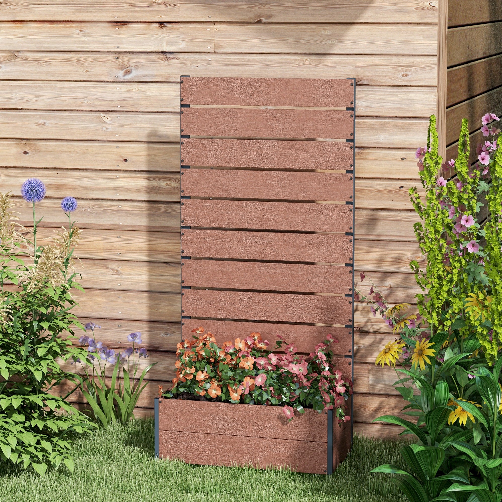 Outsunny 34 x 69.5cm Garden Planter Box, with Back Trellis, Brown